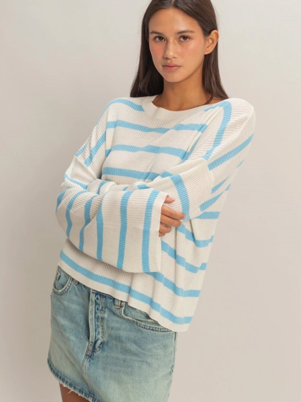 Double Zero Lightweight Wide-Sleeve Striped Sweater